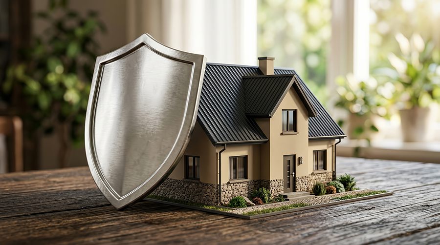 A silver shield protects a miniature house on a wooden surface f