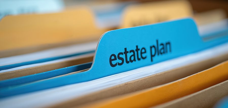 Close up of blue file folder tab labeled estate plan in office filing cabinet. Documents organize personal wealth future legacy. Secure financial records for safe keeping. Legal papers sorted for