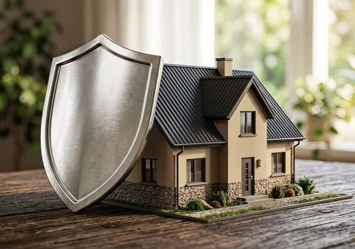 A silver shield protects a miniature house on a wooden surface f
